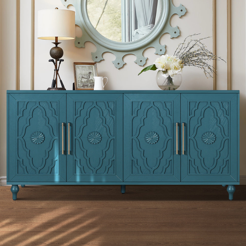 Carved Flower Door Large Storage Cabinet With Metal Handle Suitable For Living Room, Kitchen, Entryway(NATURAL WOOD)