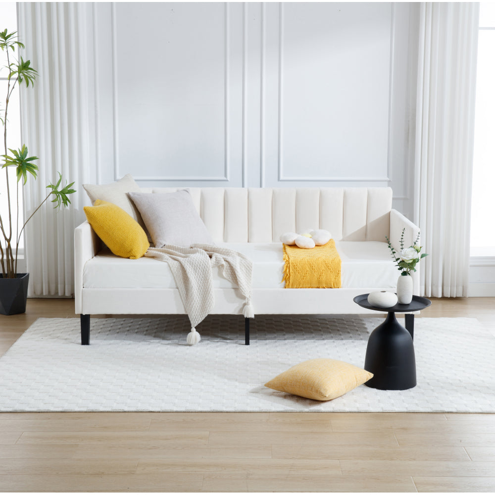 Elena Twin Size Ivory Boucle Upholstered Daybed, Ribbed Tufted Backrest, Daybed in Lavish Modern Design, Richly Hued Foam Comfort