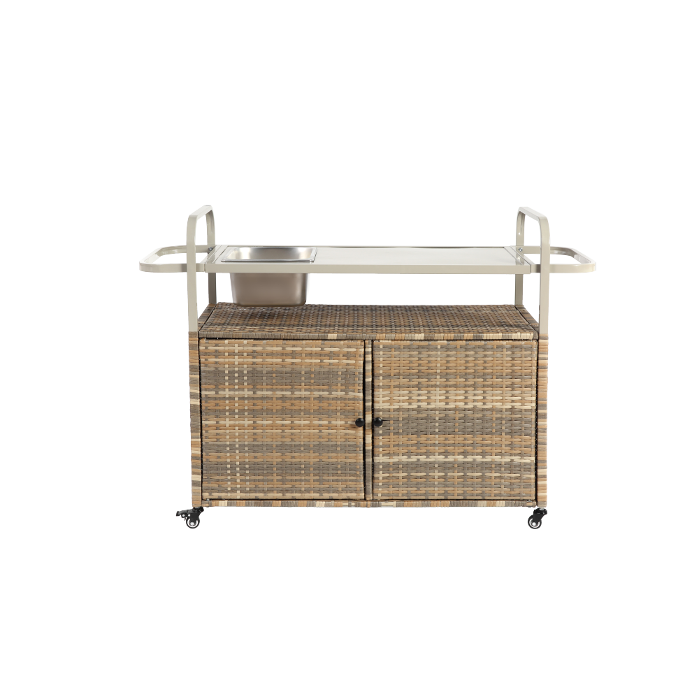 Outdoor Bar Table, Wicker Bar Cart with Cabinet, Patio Serving Cart with steel Top, with one ice bucket,Lockable Wheels, Side Basket for Garden, Poolside & Backyard, Beige
