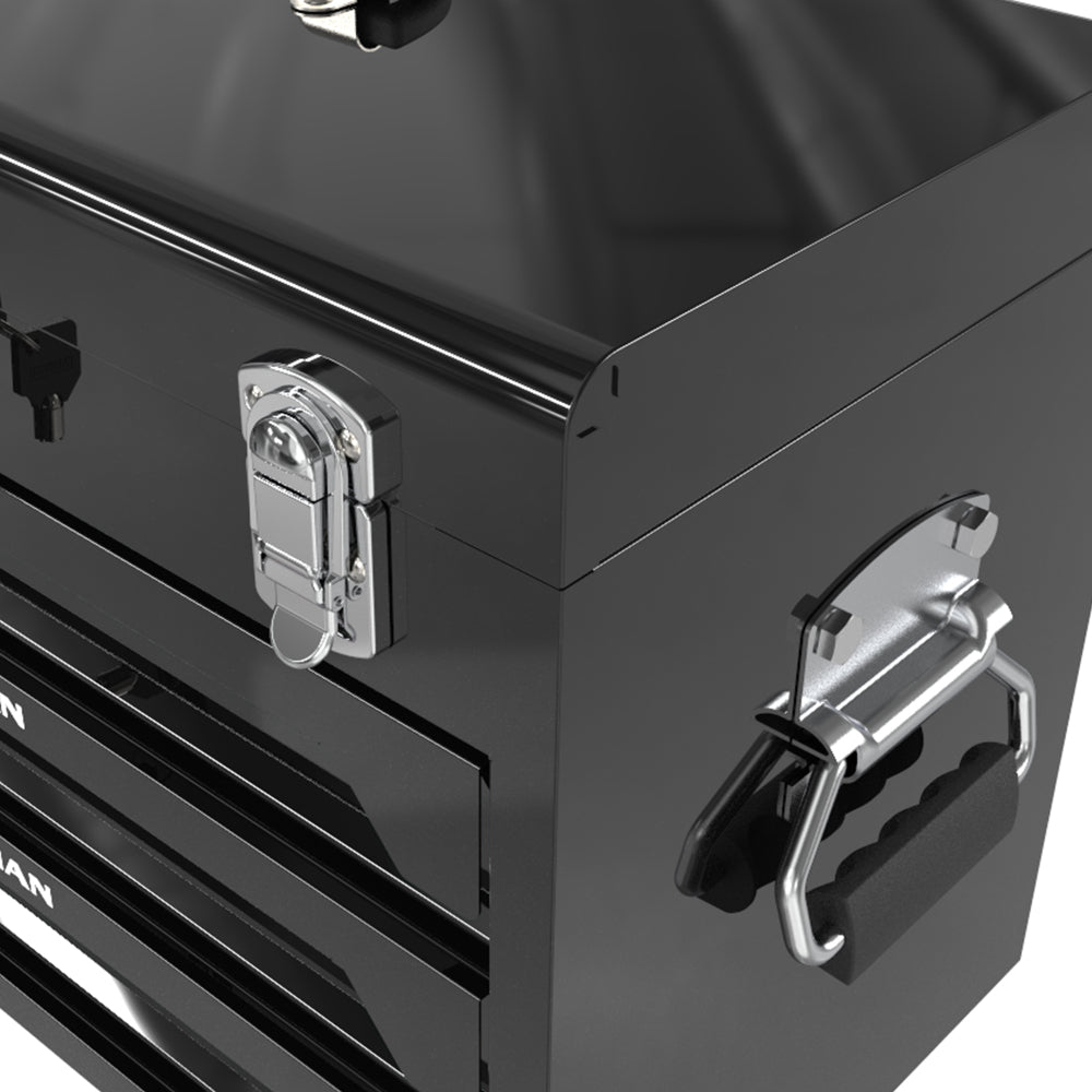 20'' Portable 3-Drawer Steel Toolbox, 4 Layers of Tools with Metal Latches, with Top Storage Tray and carrying Handle, Multi-Function Tool Storage for Garage, Home, or Workbench,Black