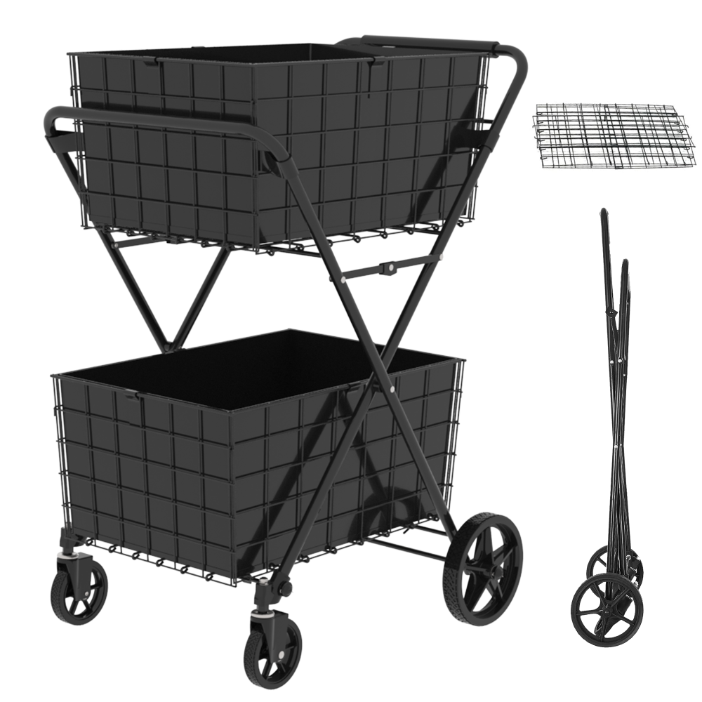 Jumbo Shopping Cart,2 Layers Grocery Cart on Wheels, Foldable Utility Shopping Carts with Double Basket and 360° Rolling Swivel Wheels for Groceries Laundry