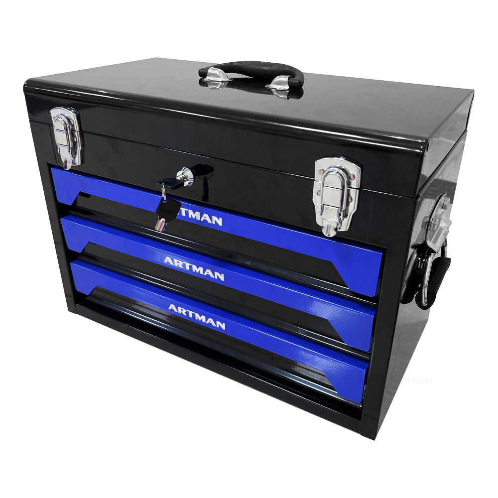 20'' Portable 3-Drawer Steel Toolbox, 4 Layers of Tools with Metal Latches, with Top Storage Tray and carrying Handle, Multi-Function Tool Storage for Garage, Home, or Workbench ,Black&Blue