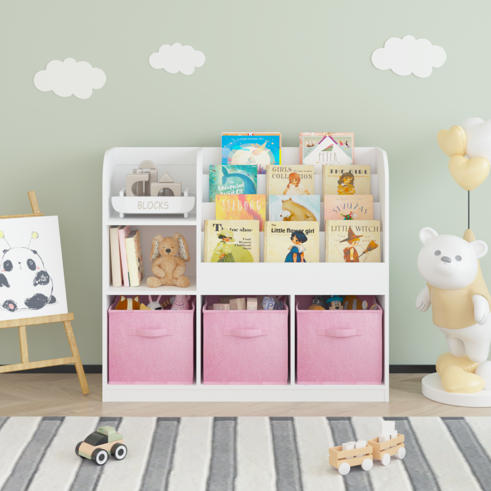 Kids Bookcase and Bookshelf, Multifunctional Bookcase with 3 Collapsible Fabric Drawers, Bookcase Display Stand, Toy Storage Organizer for Bedroom, Playroom, Hallway (White/Pink)
