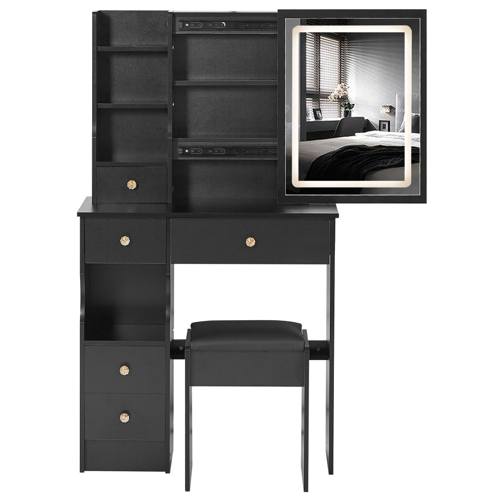 29.2" Small Size Left Drawer Desktop Vanity Table + Cushioned Stool, 2 AC+2 USB Power Station, Hair dryer bracket, Extra Large Touch Control Sliding LED Mirror, Tri-color Switching, Brightness Adjust