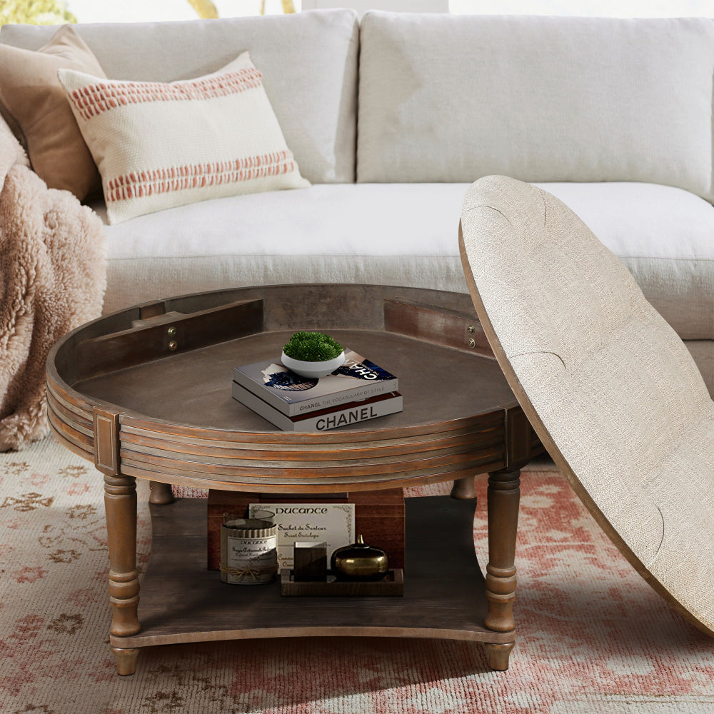 Large Round Waterproof Ottoman Coffee Table 2 Tier Oversized Button Tufted Ottoman with Wooden Shelf Storage Farmhouse Upholstered Coffee Table Living Room Footstool Ottoman Linen