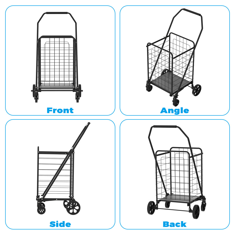 Shopping Cart with Shelf,Grocery Cart on Wheels, Foldable Utility Shopping Carts with 360° Rolling Swivel Wheels for Groceries Laundry
