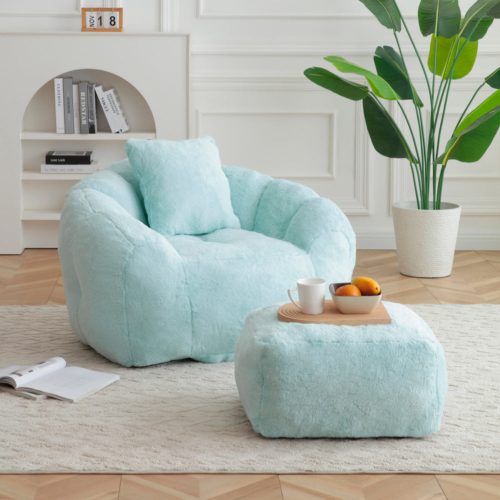 Giant Bean Bag Chair withFootstool, Oversized Bean Bag for Adults and Kids, Faux Fur Shell-Shaped Large Chair with Filler, Stuffed Big Accent Sofa, Floor Sofa for Gaming,Reading Living Room Bedroom