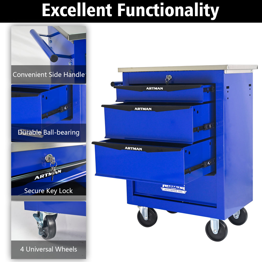 4 Drawers Multifunctional Tool Cart with Wheels,Metal Rolling Tool Cart Storage for Garage Workshop Warehouse Repair Shop--With Stainless Steel Roof- BLACK&BLUE