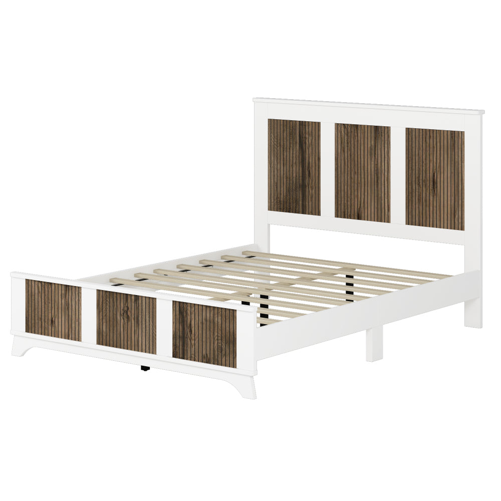4-Pieces Bedroom Sets, Queen Size Farmhouse Platform Bed with Wooden Strip Stickers Decoration, Storage Nightstand and Dresser with Metal Handle, White