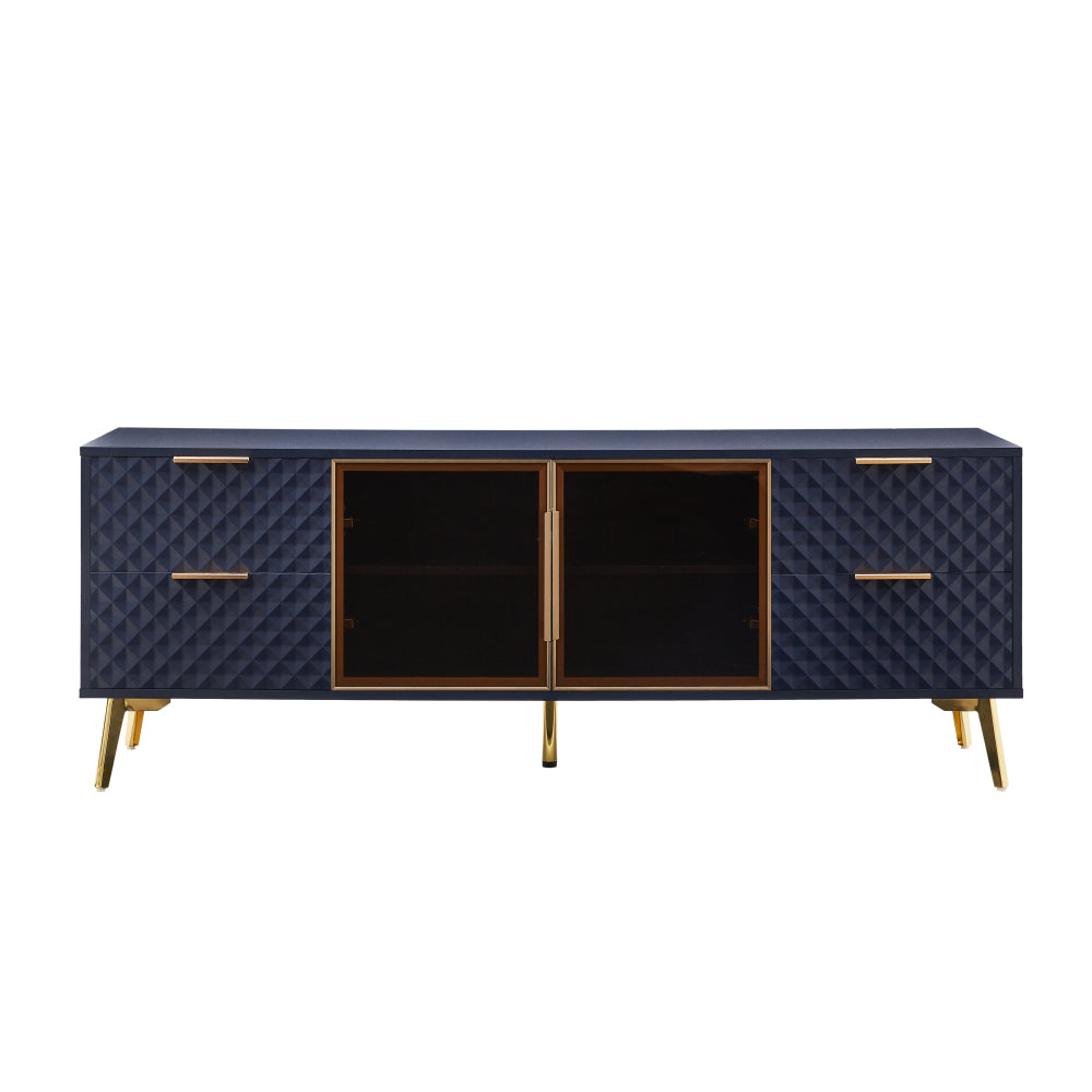 Deluxe Sculpted Modern Fashion Geometric Style TV Stand, Aluminum Frame Tempered Glass Door 4 Drawer Chest with Adjustable Metal Feet ,Dark Blue,59.9"L x 15.7"W x 21.7"H
