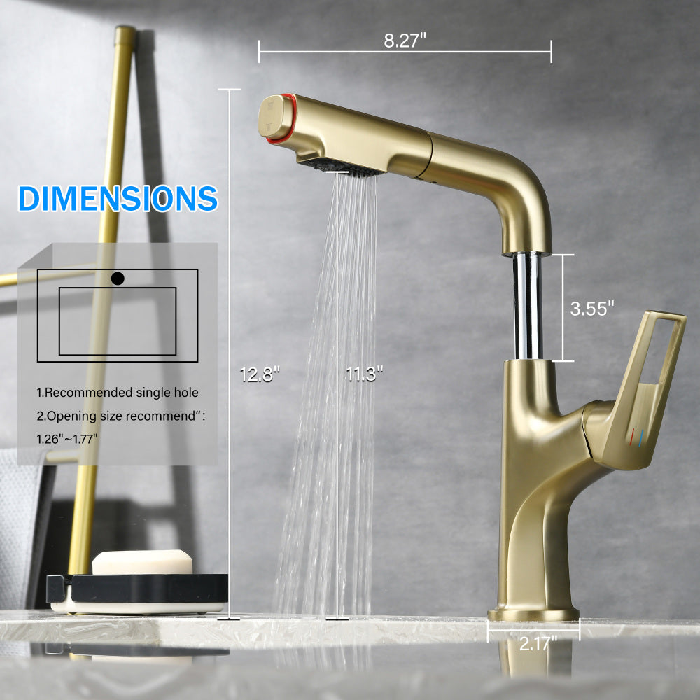 Brushed Gold Pull-Down Vessel Faucet - Single Hole Bathroom Sink Faucet with Lift Spout & Dual Spray Modes