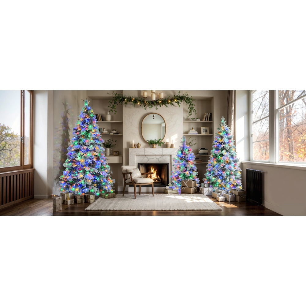 6FT Pre-Lit Spruce Snow Flocked Christmas Tree with Pine Cones, Artificial Xmas Tree with 403 Branch Tips,Mixed PE & PVC Branches, 250 Multi-Color LED Lights, 11 Flashing Modes, Holiday Décor