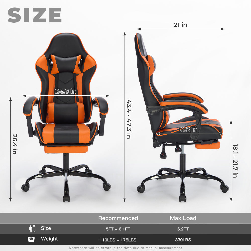 Gaming Chair with Footrest, Ergonomic Computer Chair with Headrest and Lumbar Support, Breathable Material Height Adjustable Video Game Chairs for Adults, Black Orange