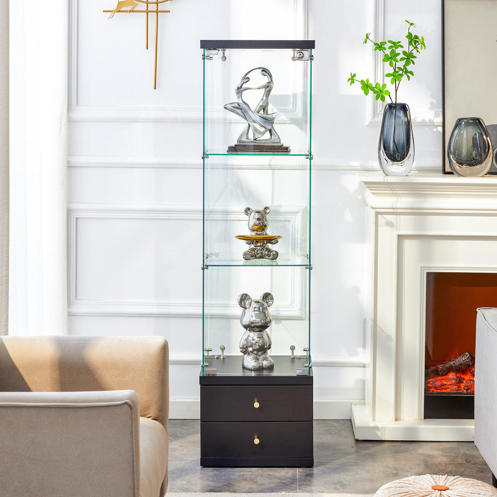 American-Style Non-Lit Glass Display Cabinet (0.2" Tempered Glass) – Soft-Close Drawer Slides 3 Adjustable Shelves, Ideal for Display & Storage