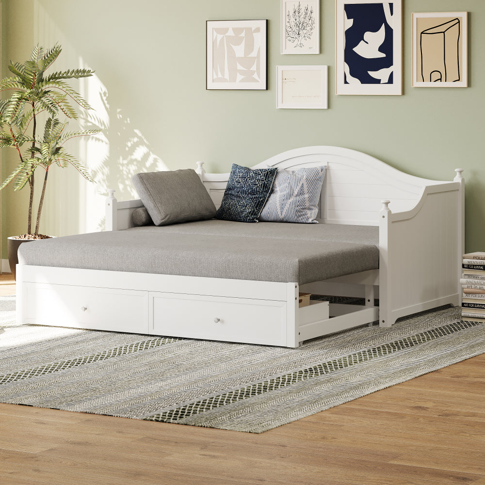 Twin Size Wood Daybed Extended Bed with Storage Drawers Wooden Sofa Bed for Living Room Guest Room, White (Old SKU:BS701P210919K)