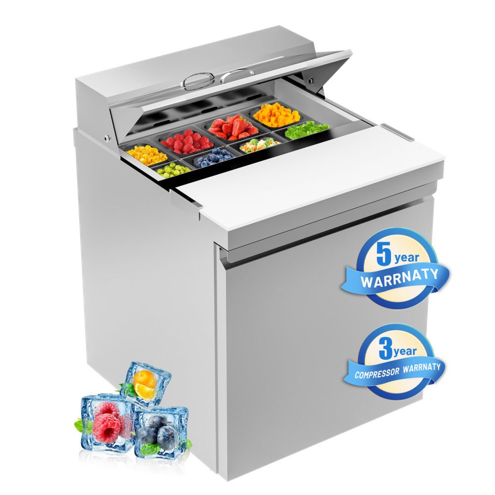 27" W 1 Door Refrigerator Sandwich Salad Prep Table Commercial Stainless Steel Fan Cooling Refrigerator with Cutting Board, 1 Shelves & 8 Pans for Restaurant, Bar, Shop-7.4 Cu.ft