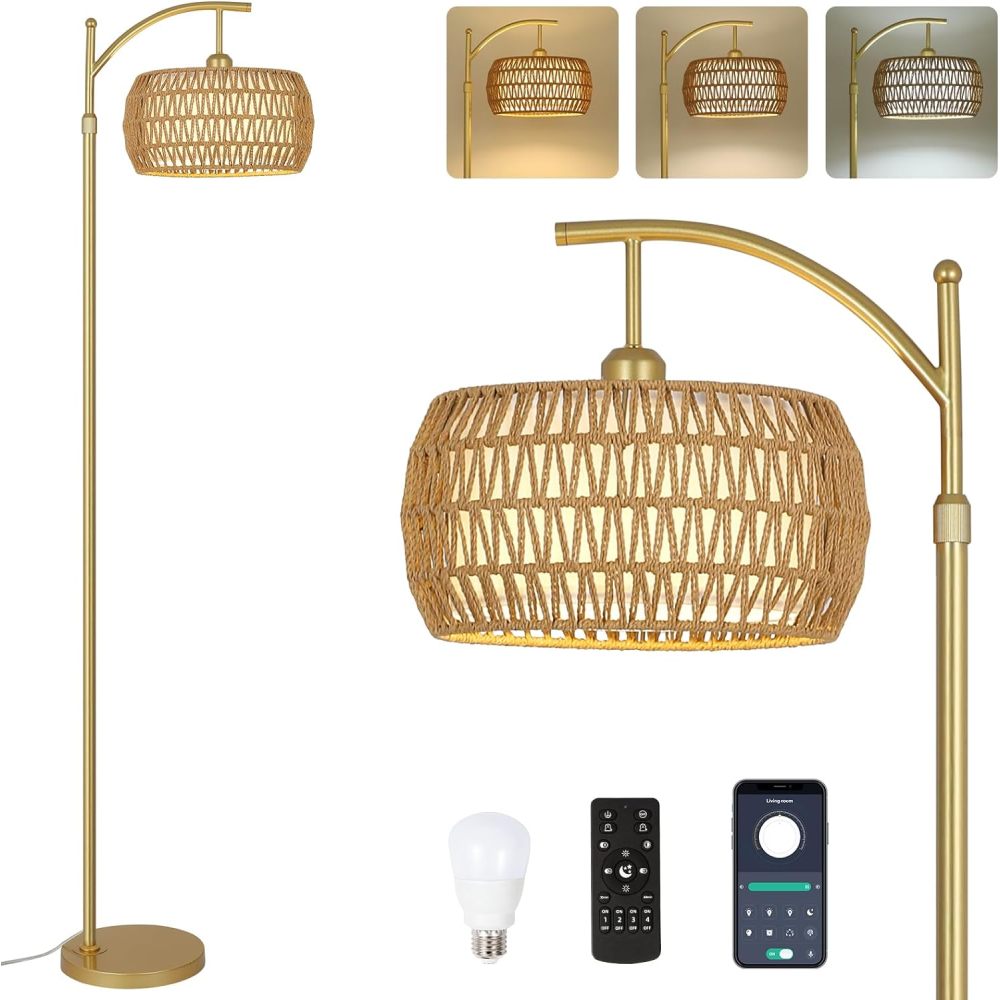 Arc Floor Lamp with Remote Control, Dimmable LED Floor Lamp with 3 Color Temperature, Black Standing Lamp with Rattan & Fabric Double Drum Shade, Boho Farmhouse Tall Pole Lamp for Living Room Bedroom