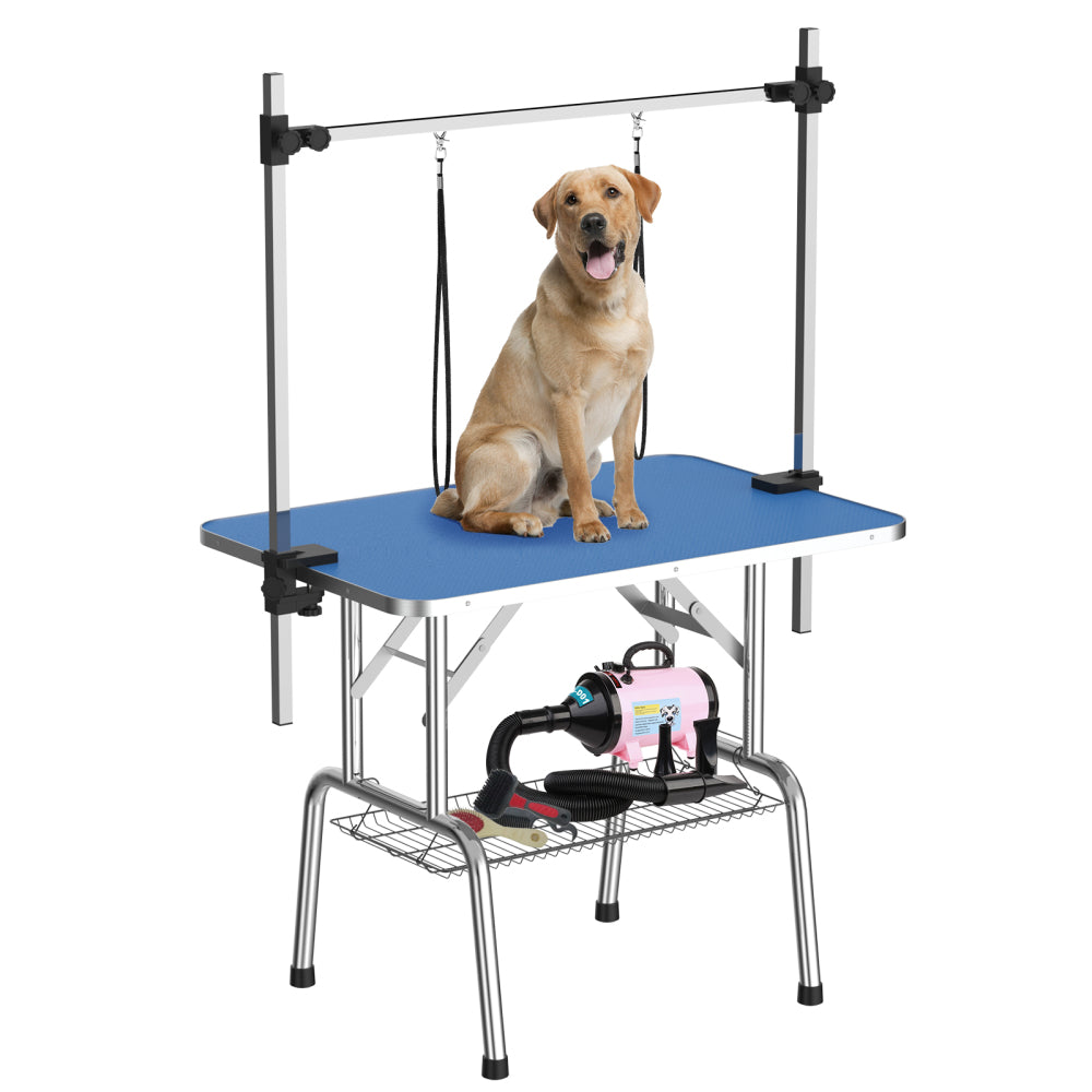 46 Inch Foldable Dog Grooming Table for Home with Adjustable Arm, Noose, Non-Slip Surface, and Storage Mesh Tray
