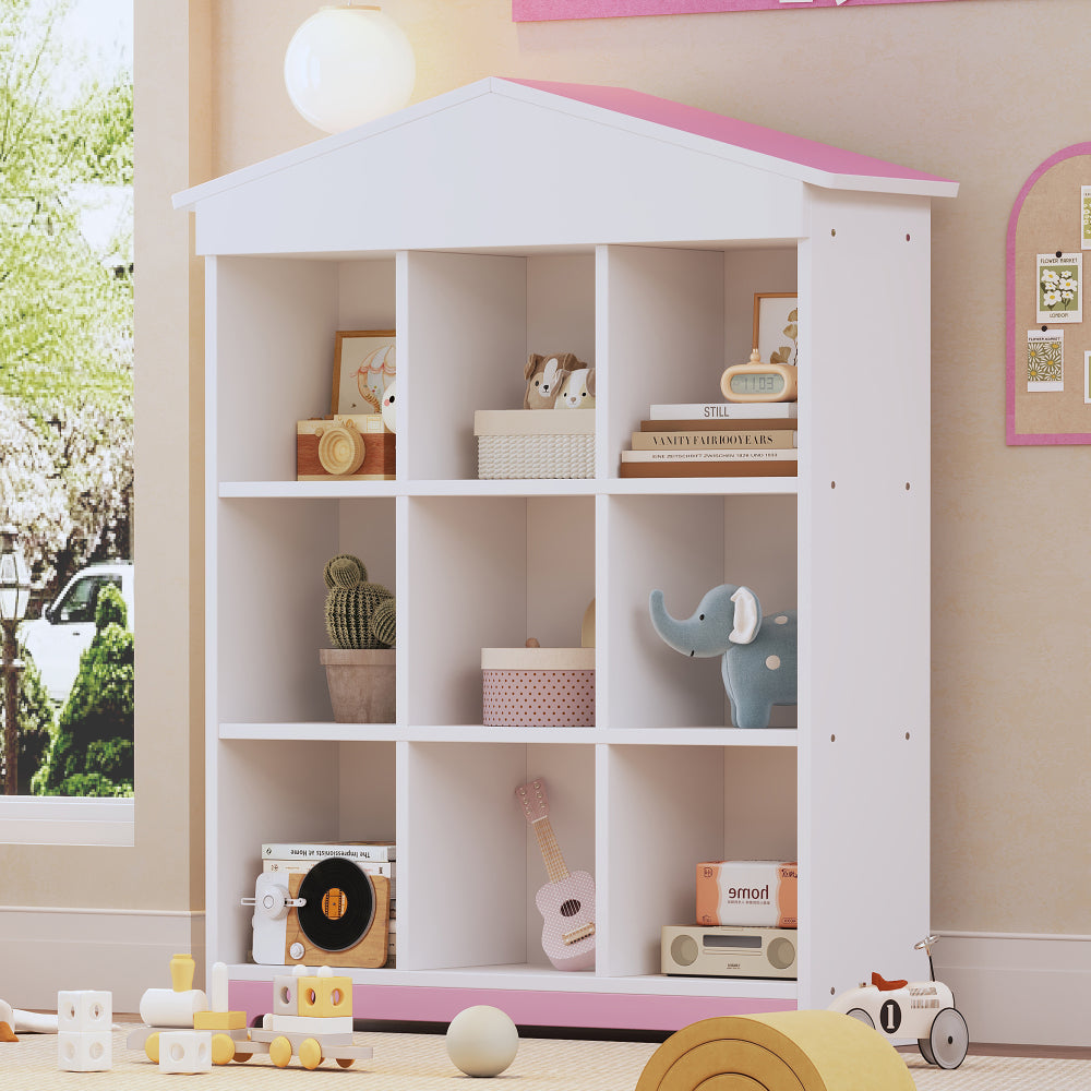 3-Pieces Bedroom Sets, Twin Size House-Shaped Wooden Bed with Storage Drawers, Nightstand with Colorblock Design and House-shaped Stroage Rack, Brown+White