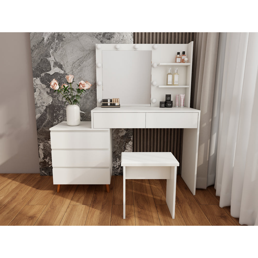LED Lighted Makeup Vanity Table with Mirror - White Beauty Station with Storage Drawers, Matching Stool, and Organizing Compartments for Makeup Brushes and Cosmetics