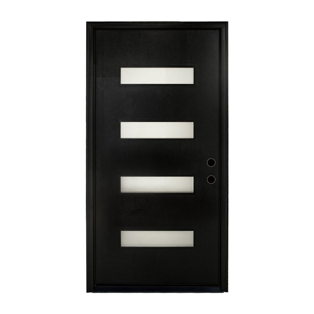 36 x 80 Fiberglass Entry Door with Brickmould, Frosted Glass, Black Finishe Knock-Down Fiberglass Door - Contemporary Style for Home's Front Entrance, Left Hand Inswing with White Vinyl Frame