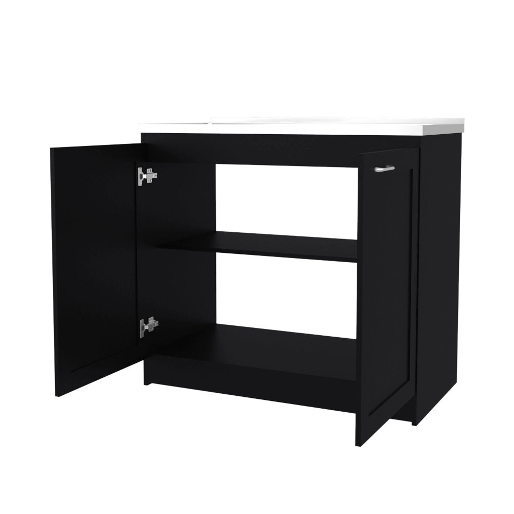 FM FURNITURE Haivana Utility Sink Base Cabinet with Double Doors and Interior Shelf, Black