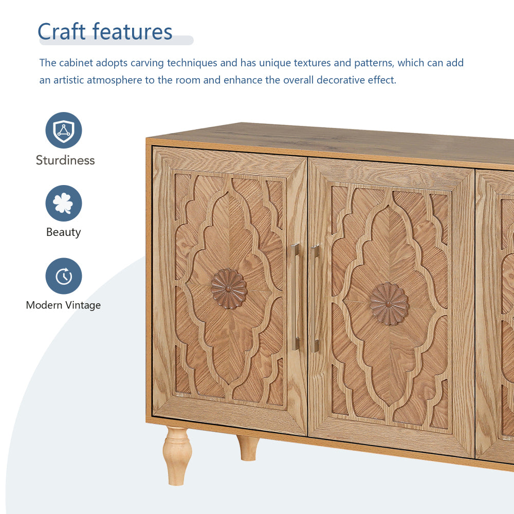 Carved Flower Door Large Storage Cabinet With Metal Handle Suitable For Living Room, Kitchen, Entryway(NATURAL WOOD)