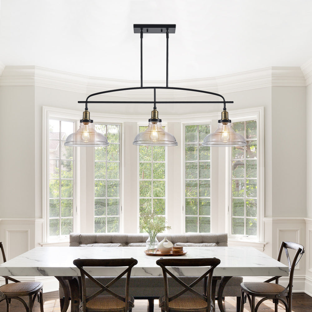 45" Industrial 3-Light Pendant Chandelier with Clear Glass Shades, Black Metal Frame, Adjustable Height, Modern Farmhouse Lighting for Kitchen Island, Dining Room, or Living Room (Bulb Not Included)