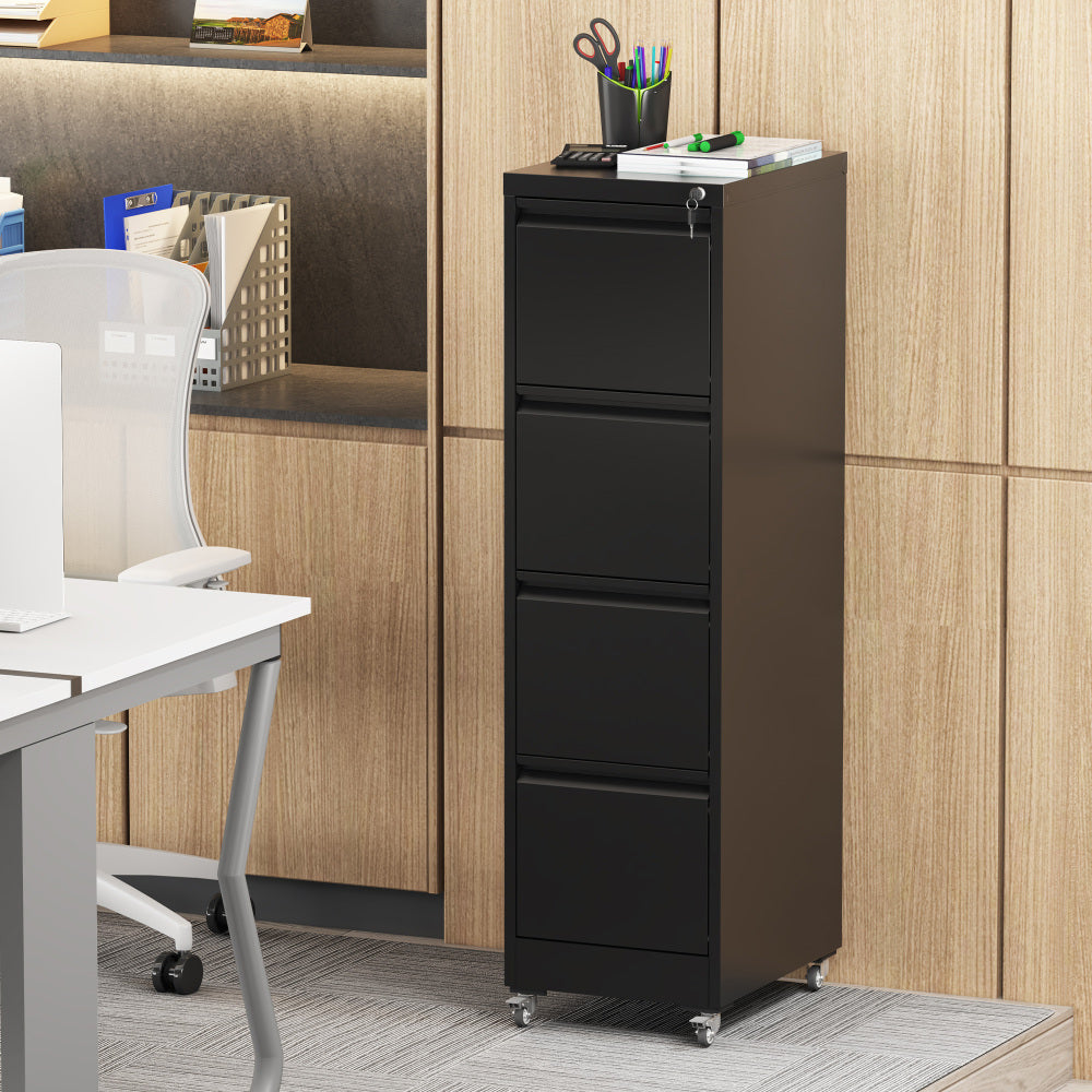 3 Drawer Metal Vertical File Cabinet with Lock and Card Slot Office Home Vertical File Cabinet for A4 Legal/Letter Size Narrow File Cabinet Locked,Assembly Required (Black)