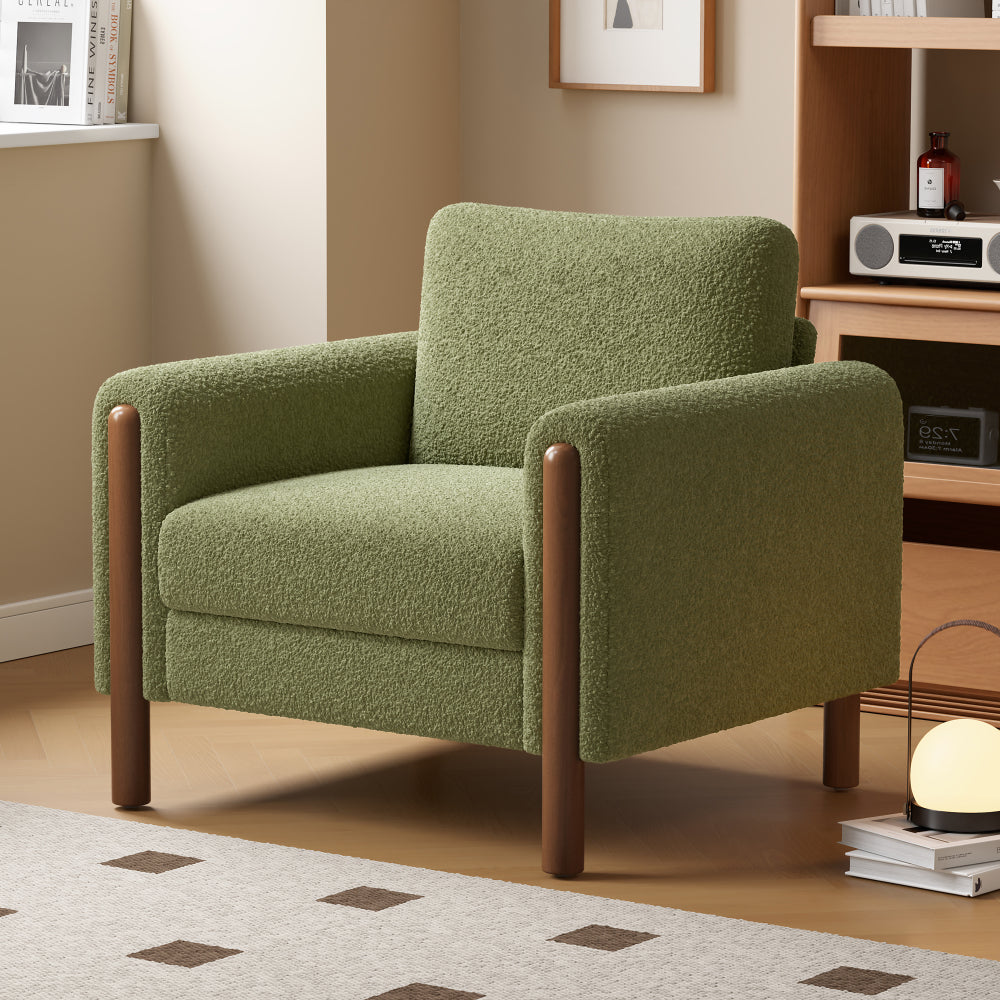 Oversized Accent Chair, Upholstered Living Room Chairs Single Sofa Chair with Walnut Legs, Curved handrail, White