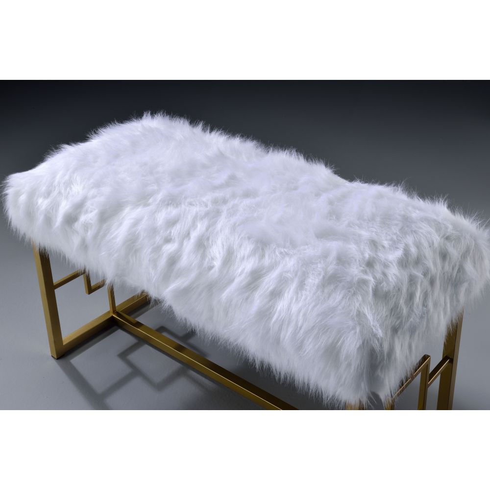 Bagley II White Faux Fur & Gold Finish Bench