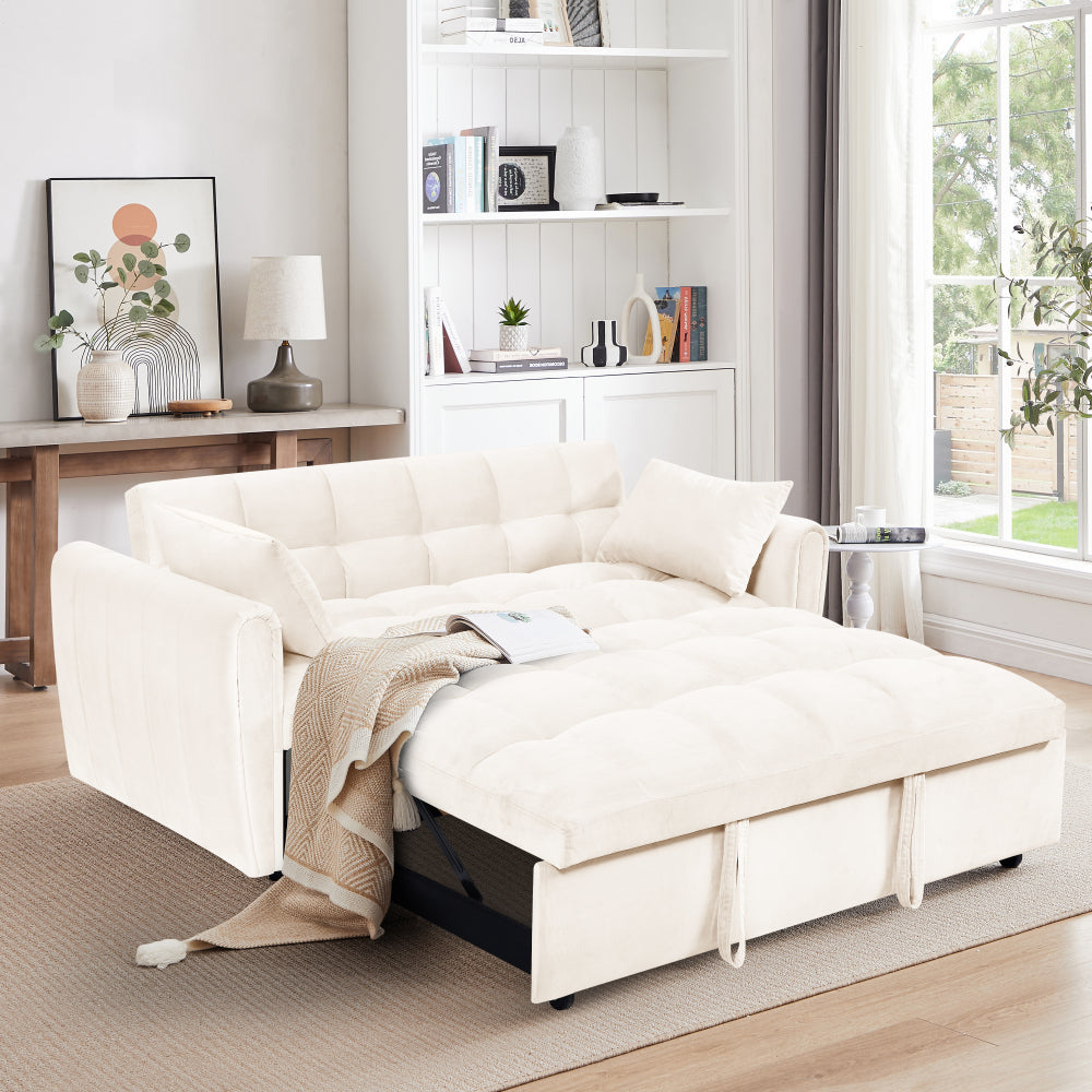 65"3-in-1 foldable large size sofa bed, modern velvet double sofa, sofa bed with adjustable back, storage bag and pillow, suitable for living room, bedroom (beige)