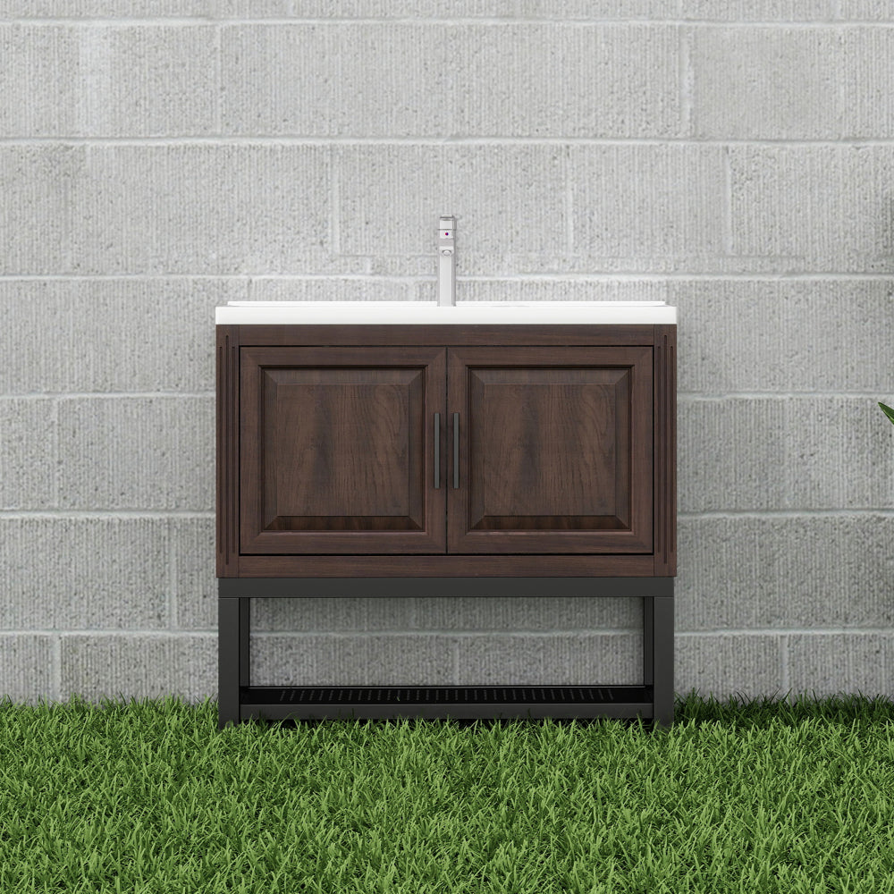 24" Bathroom Vanity with White Ceramic Sink & Hot and Cold Faucet , Freestanding Bathroom Cabinet with 2 Storage Doors and Open iron Shelf for Bathroom