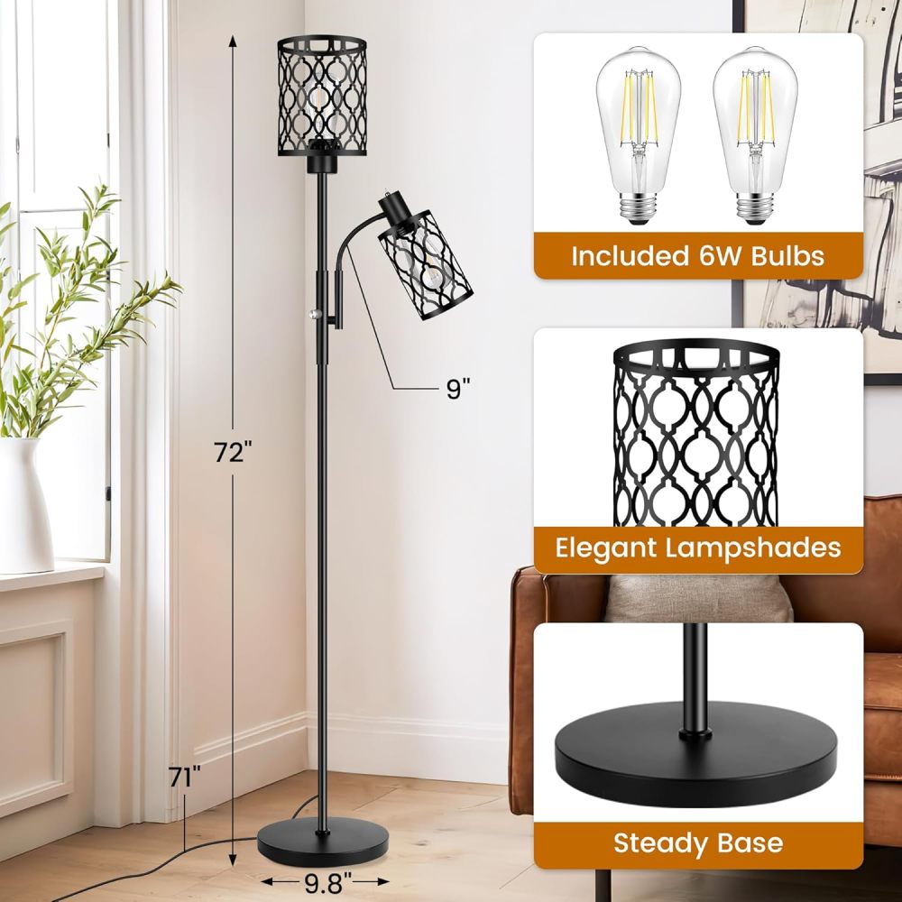 72" Farmhouse Floor Lamps for Living room, Black Floor Lamp with Adjustable Reading Lamp, 2-Light Tall Standing Lamps with 2 Edison Bulbs, Industrial Floor Lamps for Bedroom, Office, 6W, Black