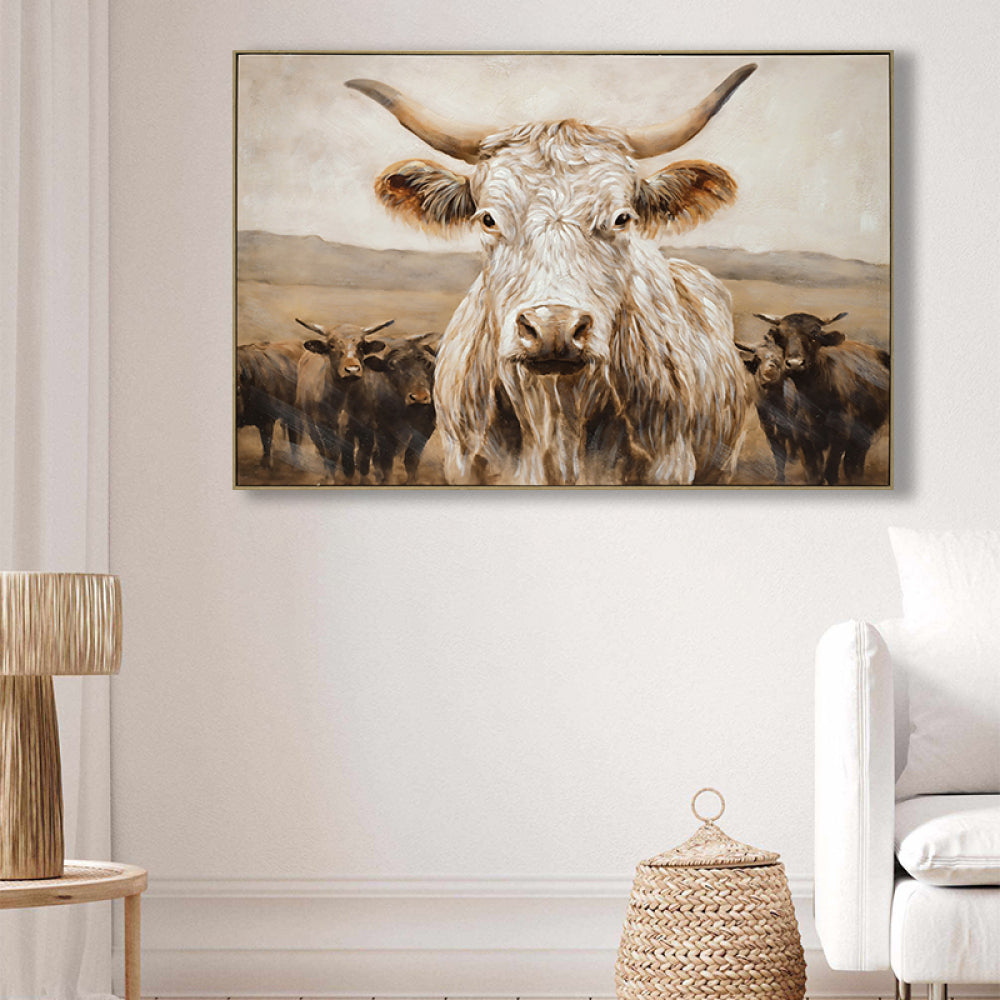 White Highland Cow Canvas Wall Art - Modern Minimalist Animal Art Print for Living Room Bedroom Decor, Framed in Solid Wood, Nature Inspired Wall Decordecorative picture Oil painting