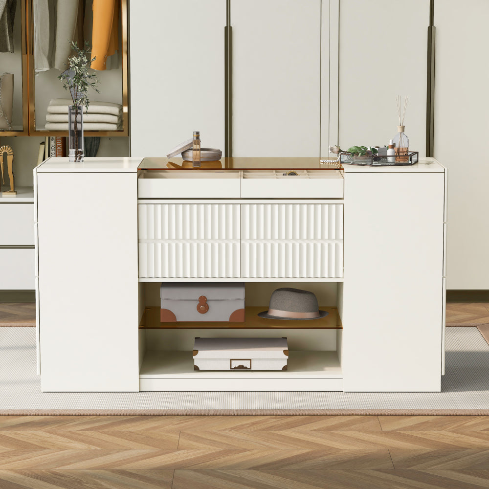 Modern Luxury Multi-Functional Island Vanity Dresser and Storage Cabinet with Glass Tabletop, Display Cabinet, 6 Drawers for Walk-in-Wardrobe and Bedroom