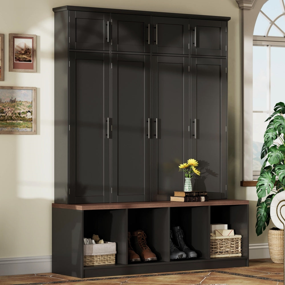 ON-TREND 47.2'' Wide Hall Tree with Bench and Shoe Storage, Multi-functional Storage Bench with 3 Hanging Hooks & Open Storage Space, Rectangle Storage & Shelves Coat Rack for Hallway, Black