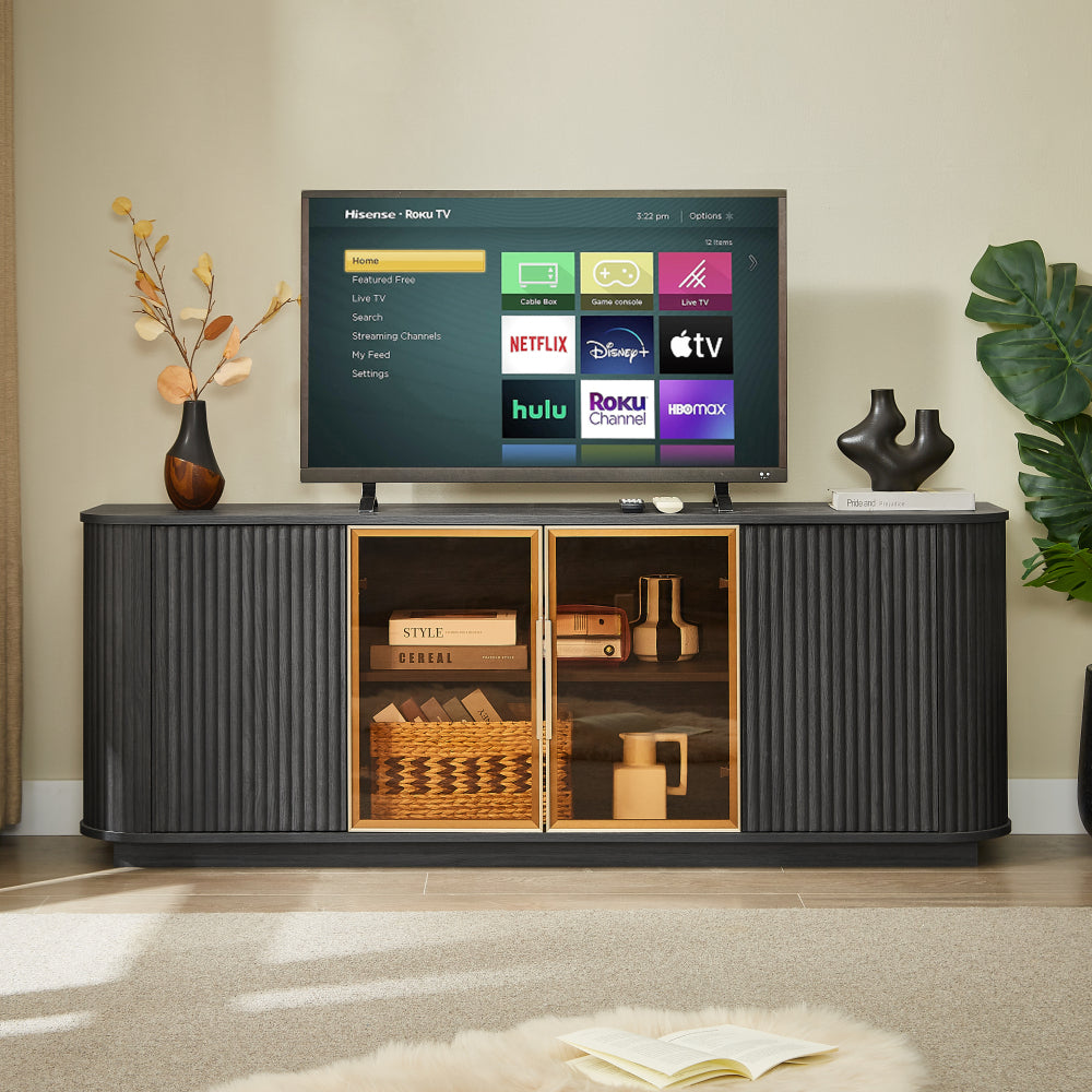 64-Inch Wavy TV Stand, Rounded Sideboard, Storage Cabinet, Wooden Vertical Stripe Cabinet for Living Room/Bedroom/Entryway. Black,64''W x 15''D x 24''H.