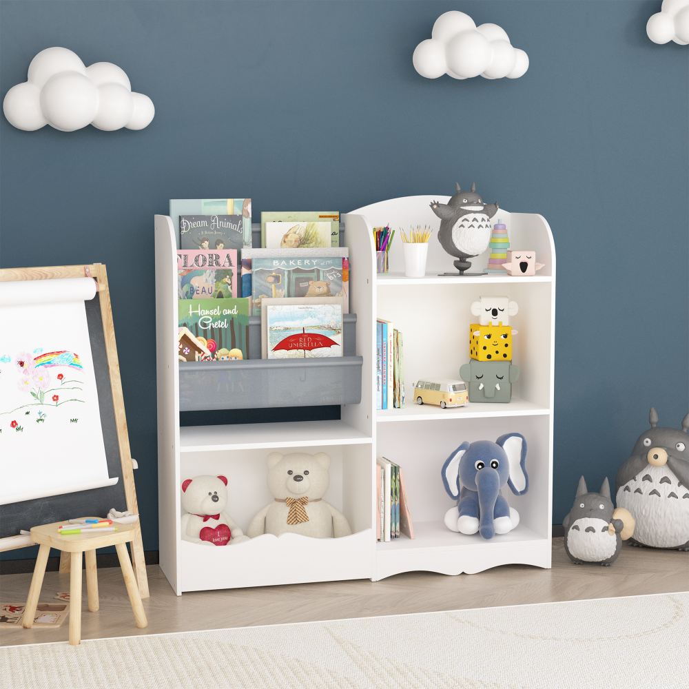 Kids Bookshelf and Toy Storage Organizer, Multifunctional 4 Tier Wooden Kids Book Shelf with Bookcase Display Stand in Kids Room Playroom Nursery for Kids, Children, Toddlers (White)