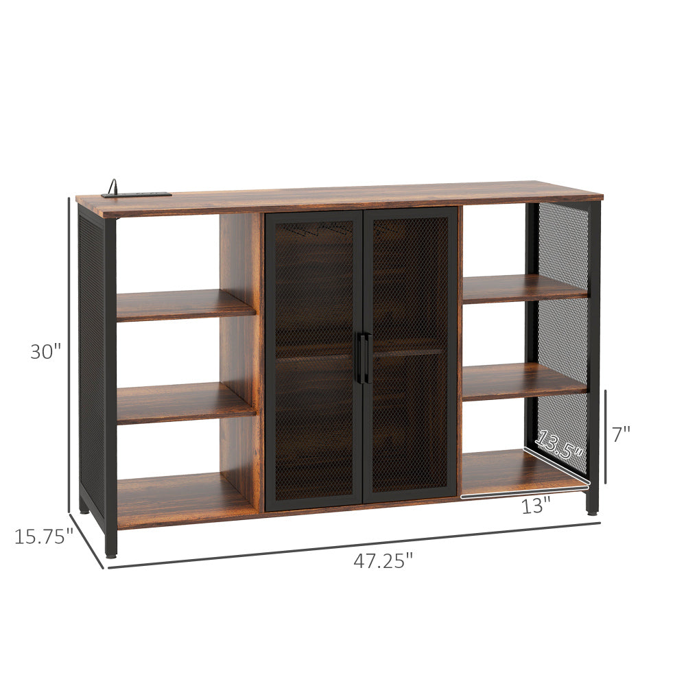 HOMCOM LED Wine Cabinet with Charging Station Glass Holders, Rustic Brown