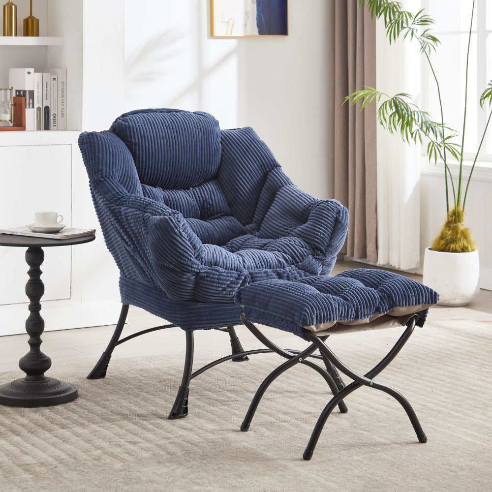Lazy Chair with Ottoman, Modern Lounge Accent Chair with Armrests and a Side Pocket, Leisure Upholstered Sofa Chair Reading Chair with Footrest for Small Space, Corner Chair-Grey