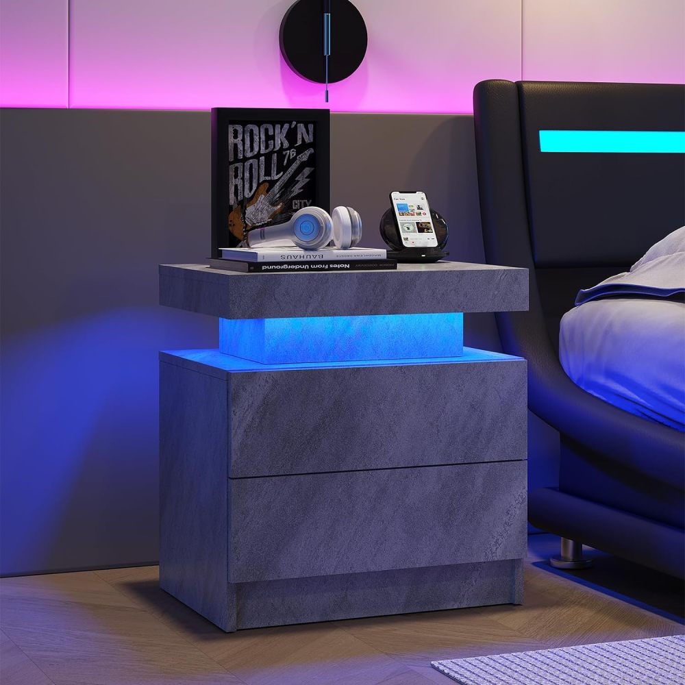 Nightstand LED Bedside Table Cabinet Lights Modern End Side with 2 Drawers for Bedroom (White)