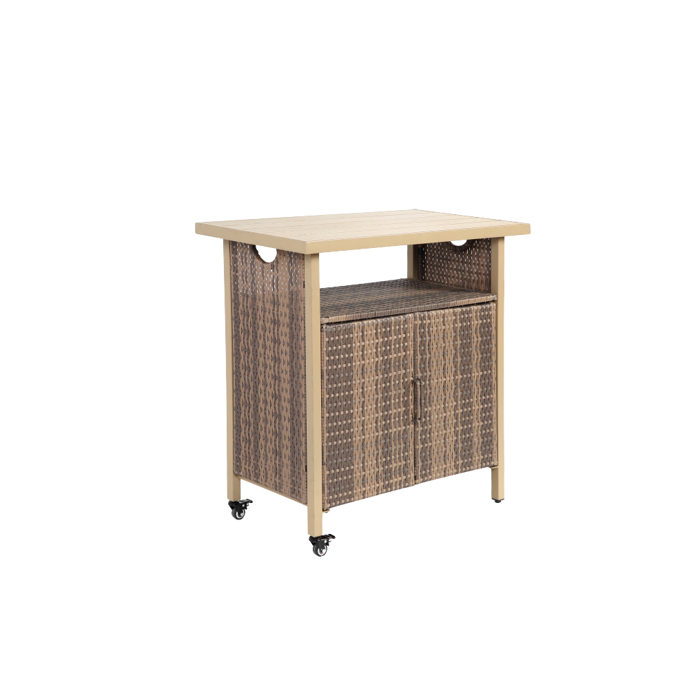 Outdoor Wicker Bar Cart, Patio Wine Serving Cart w/Wheels , Rolling Rattan Beverage Bar Counter Table w/Glass Top for Porch Backyard Garden Poolside Party, Light brown