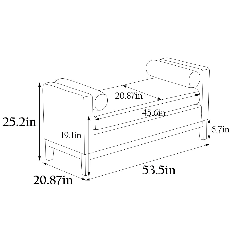53.5"W Elegant Upholstered Bench, Ottoman with Wood Legs & Bolster Pillows for End of Bed, Bedroom, Living Room, Entryway ,Black