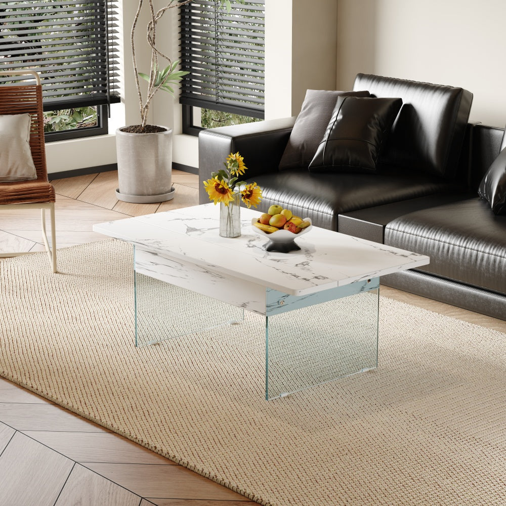 Multifunctional Lift Top Coffee Table -Light Wood Color Grain Sticker, Essential for Modern Homes.Tempered Glass Legs,Lift Top Feature.Perfectly Fitting Into Living Rooms And Office.
