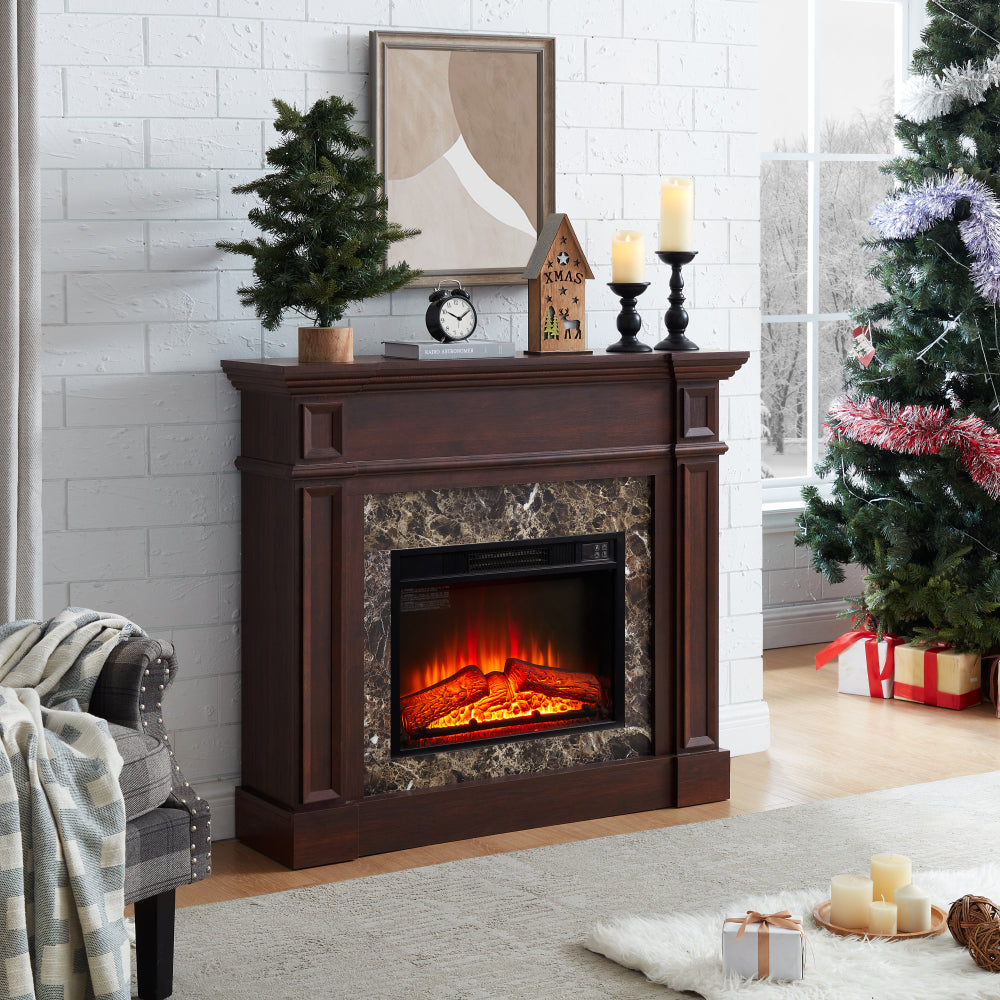 Electric Fireplace with Mantel, Fireplace Mantel, Fireplace Heater Freestanding, Realistic Stacked Stone Surround with Remote Control Timer LED Flame, Cherry, 45.66"W*11.8"D*40"H