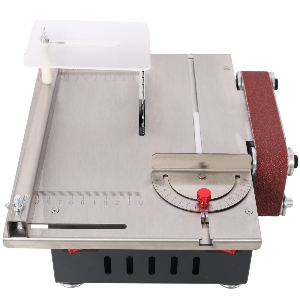 Mini Table Saw,Belt Sander, stainless steel top,4pcs Blades,10pcs Sanding Blet,7 Gear Adjustable 0-90° Angle, Available for Wood/PCB/Acrylic/Plastic,DIY Model Crafts Cutting Tool