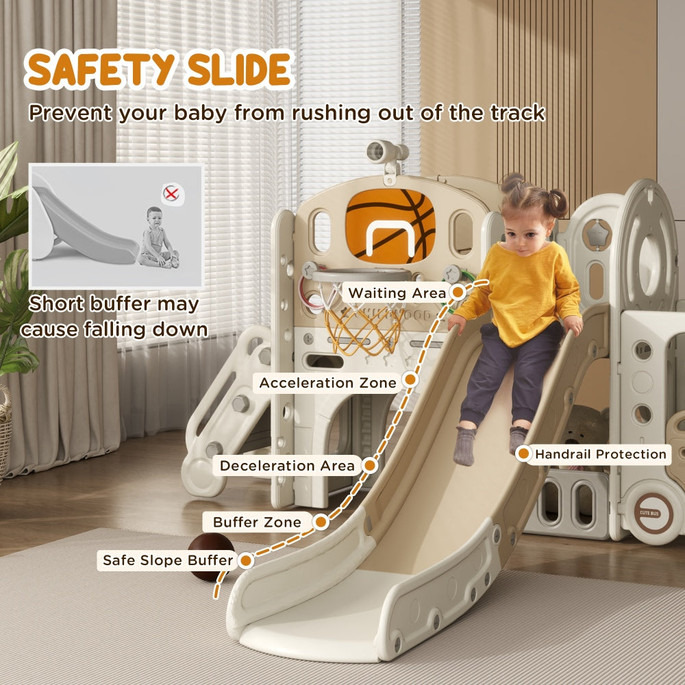 Qaba 9 in 1 Toddler Slide, Indoor Slide for Kids Ages 1-6, Car Themed Baby Slide with Basketball Hoop, Climber, Storage Space, Ring Toss, Telescope, Tunnel, Cream White
