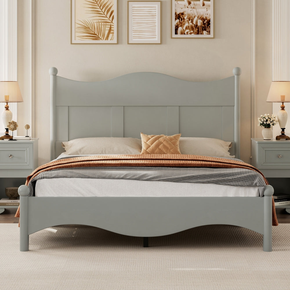 4-Pieces Retro Style Bedroom Sets, Queen Size Platform Bed with Elegant Design, Storage Nightstand and Dresser with Metal Handle, White