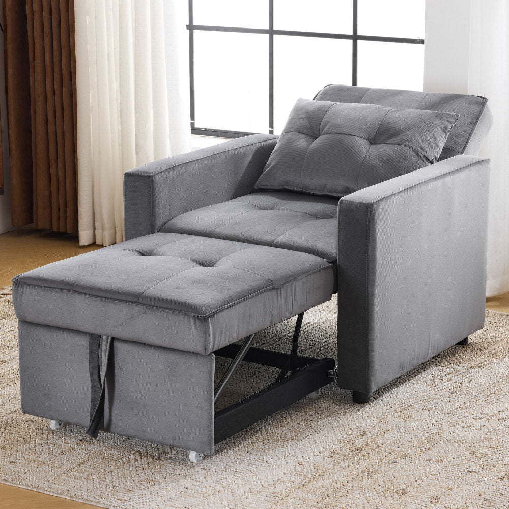Convertible Sleeper Sofa Chair Bed with Pillow & Pocket, 3-in-1 Sofa Bed Sleeper Chair in Modern Velvet Fabric for Living Room, Bedroom, Study, Apartment, Gray